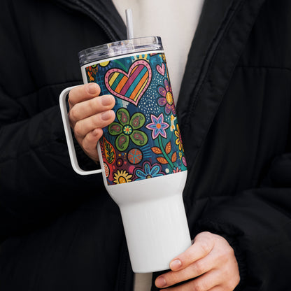 Retro psychedelic stainless steel travel tumbler featuring colorful 60s flower power patterns and doodle art.