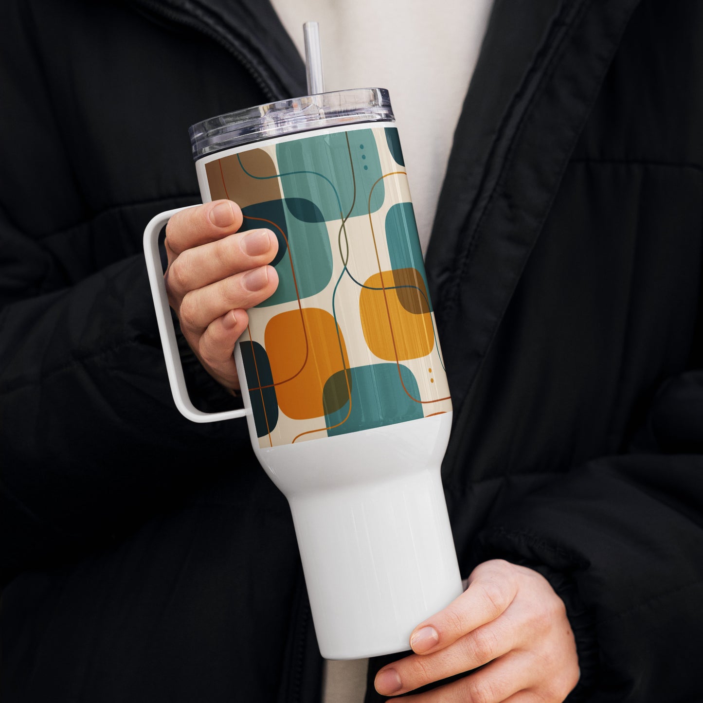 Retro geometric stainless steel tumbler featuring mid-century rounded squares and lines in teal, mustard yellow, and orange.