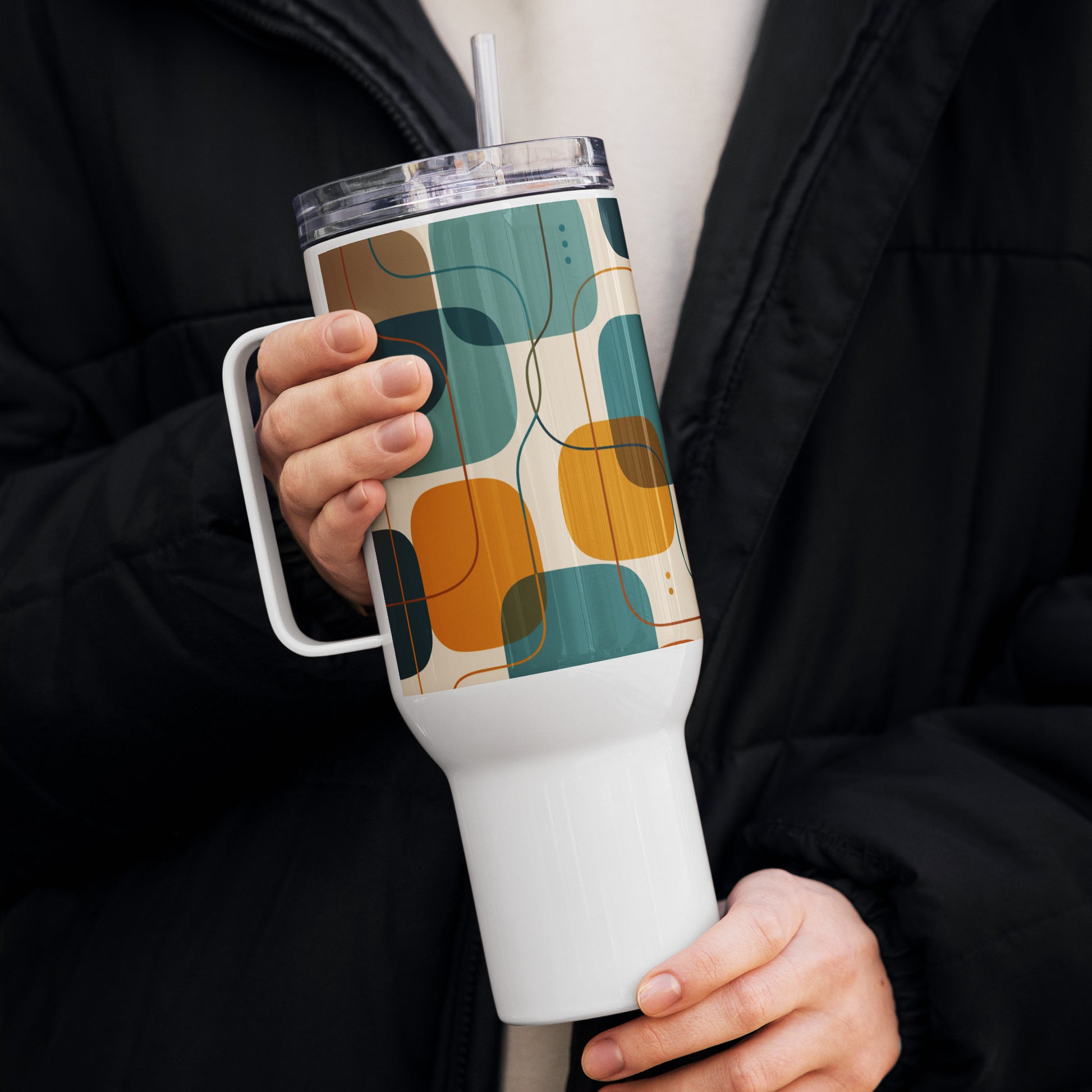 Retro geometric stainless steel tumbler featuring mid-century rounded squares and lines in teal, mustard yellow, and orange.