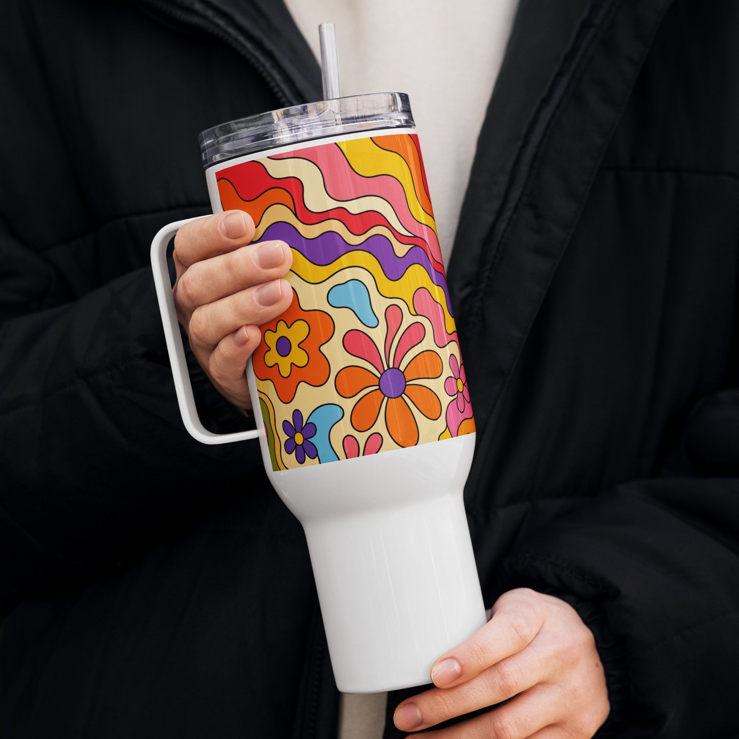 Vibrant 1970s psychedelic travel tumbler with a wavy retro sunburst sunset surrounded by colorful groovy flowers.