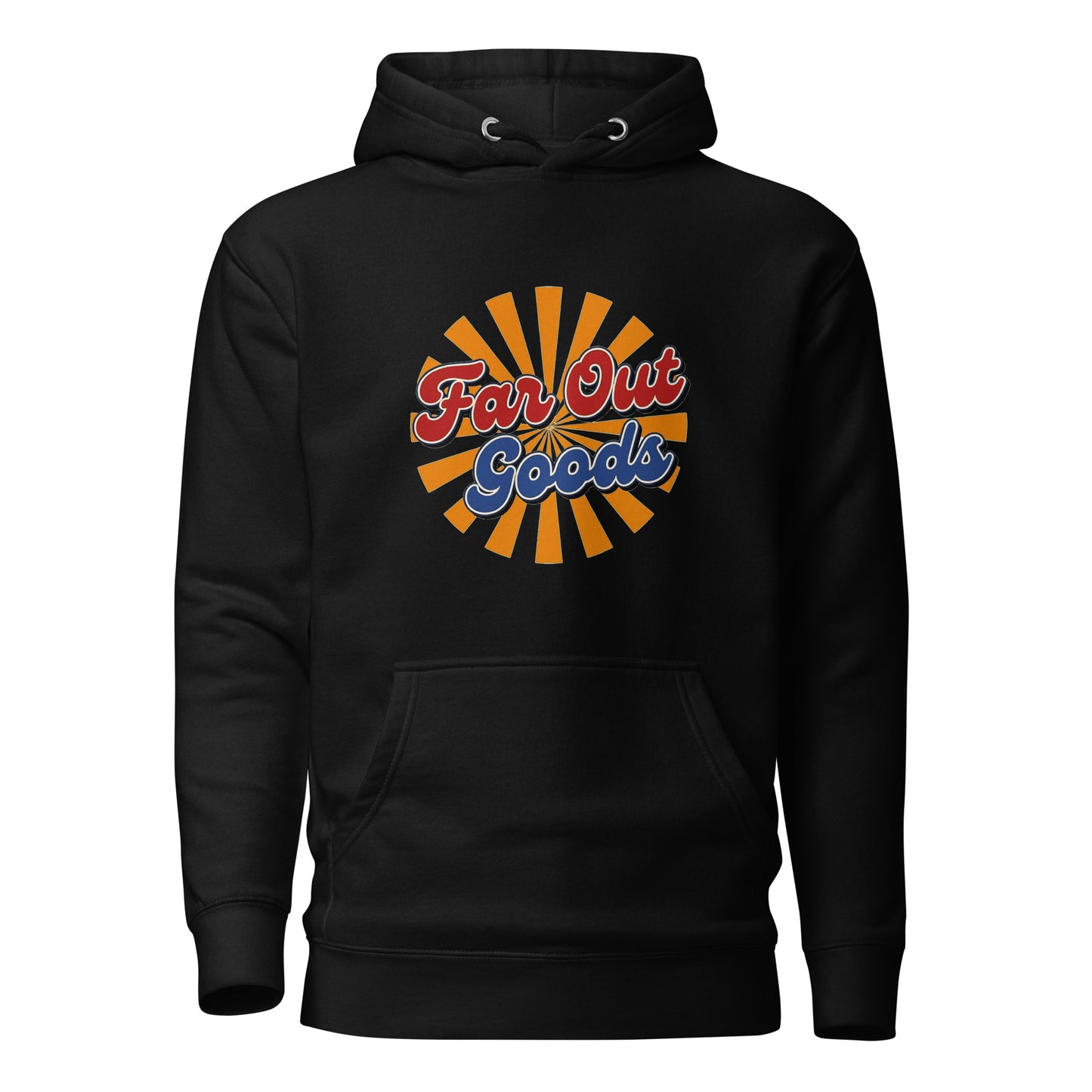 Retro Far Out Goods logo in red and blue script over an orange and yellow sunburst background for a 70s vintage hoodie.