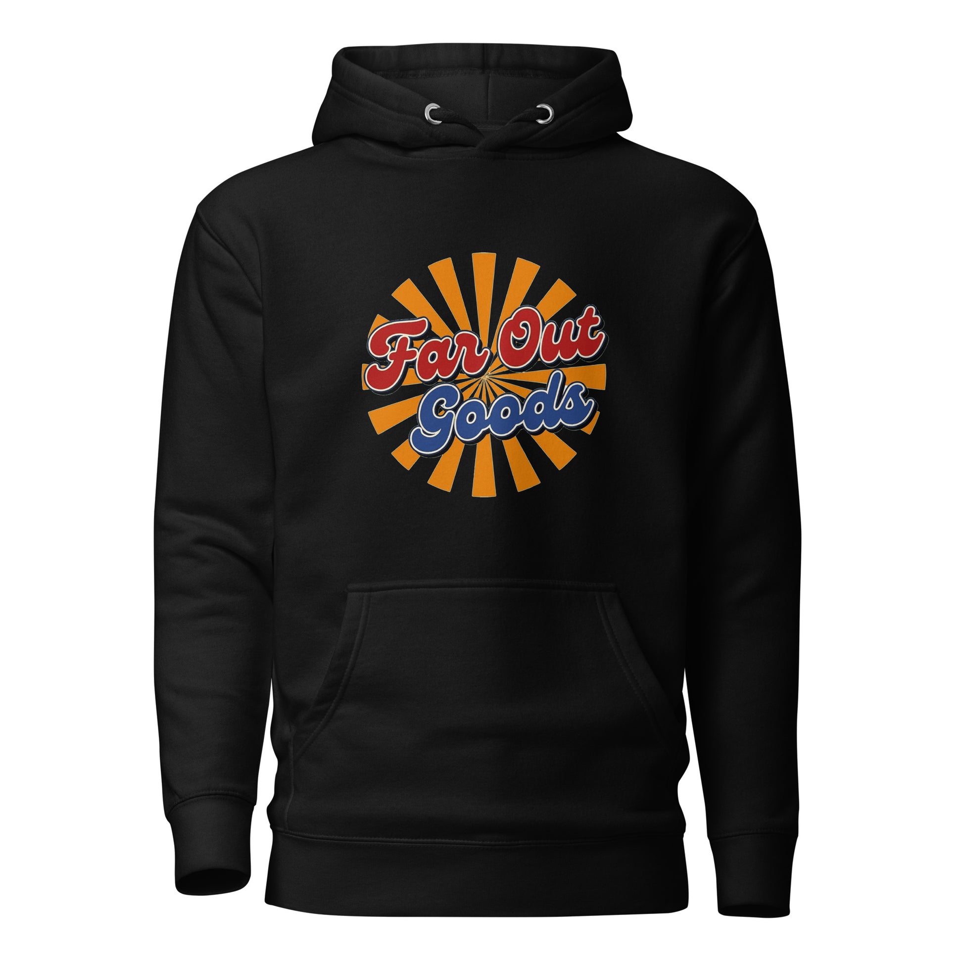 Retro Far Out Goods logo in red and blue script over an orange and yellow sunburst background for a 70s vintage hoodie.