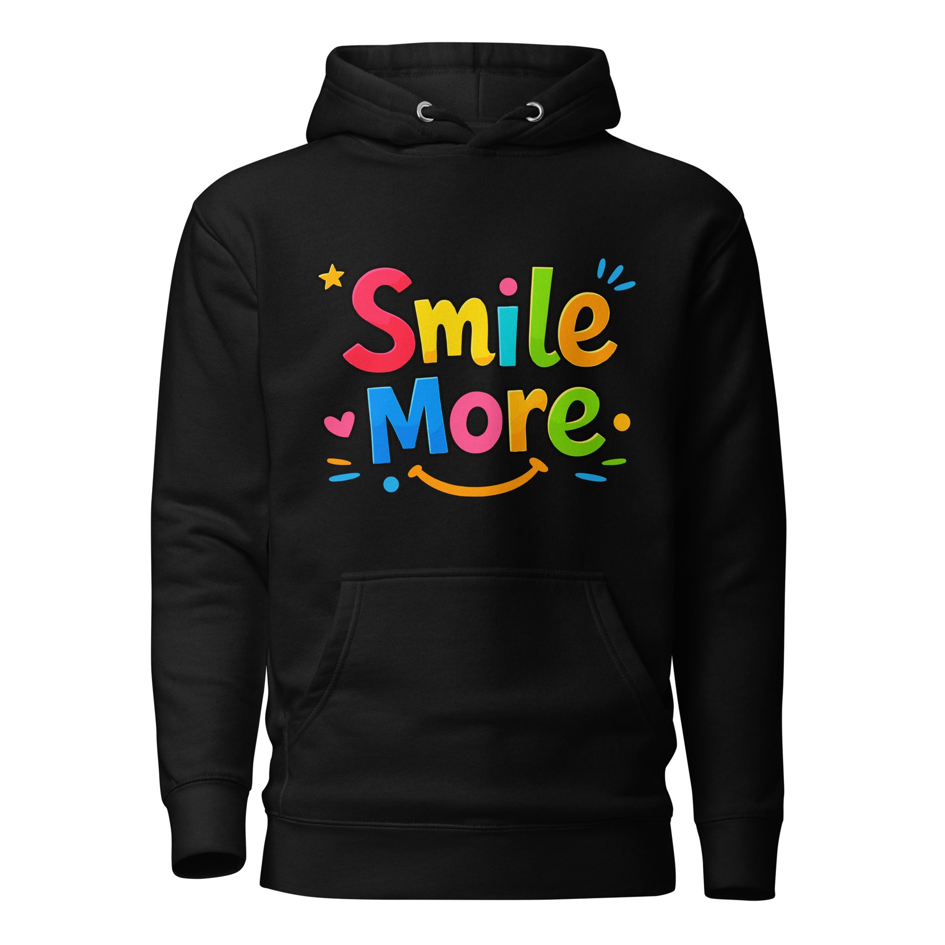 Smile More, bubbly lettering with a yellow sun-smile and pink heart on a black cozy hoodie.