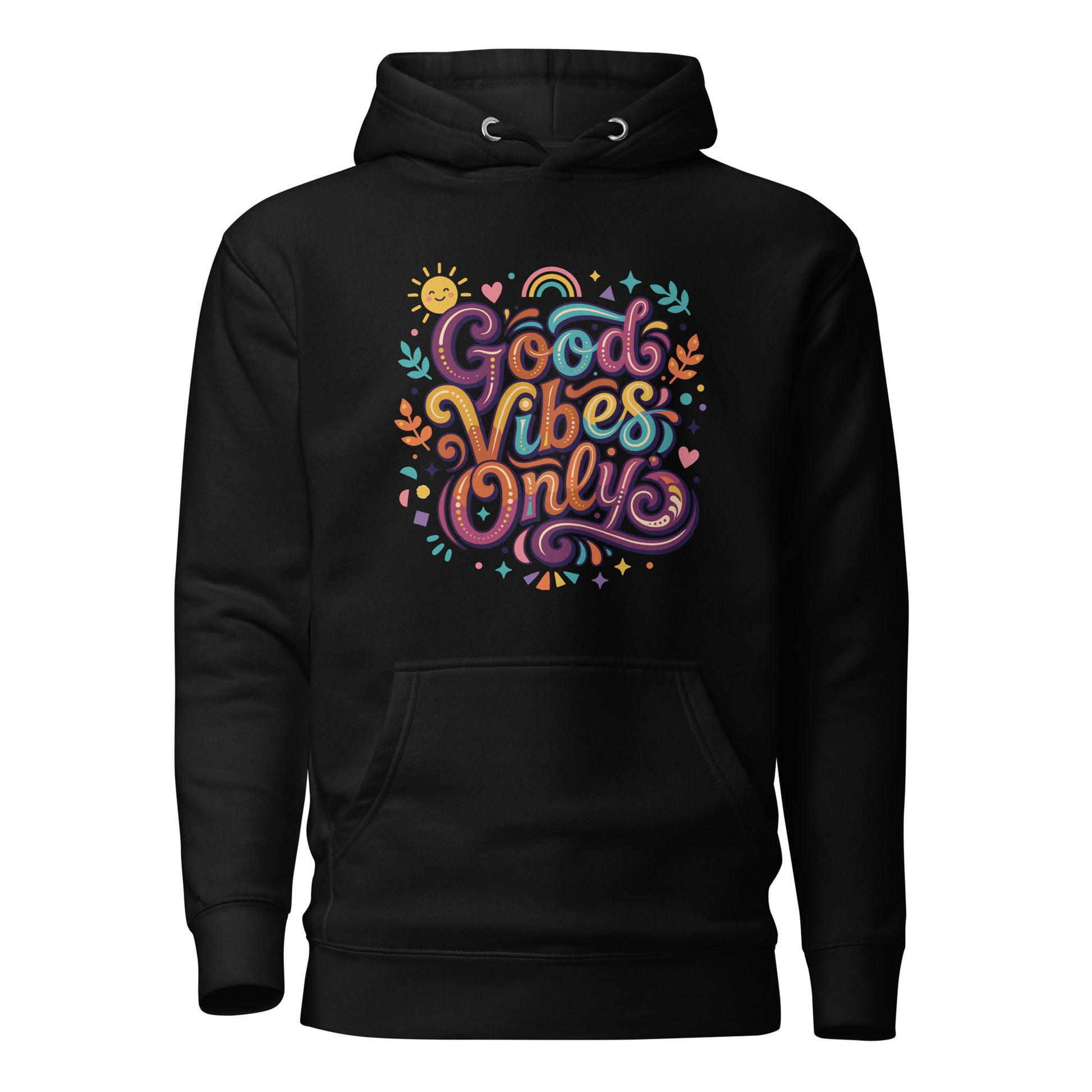 Retro hoodie featuring 'Good Vibes Only' groovy lettering, rainbow, and sun illustrations in a vibrant 70s art style.