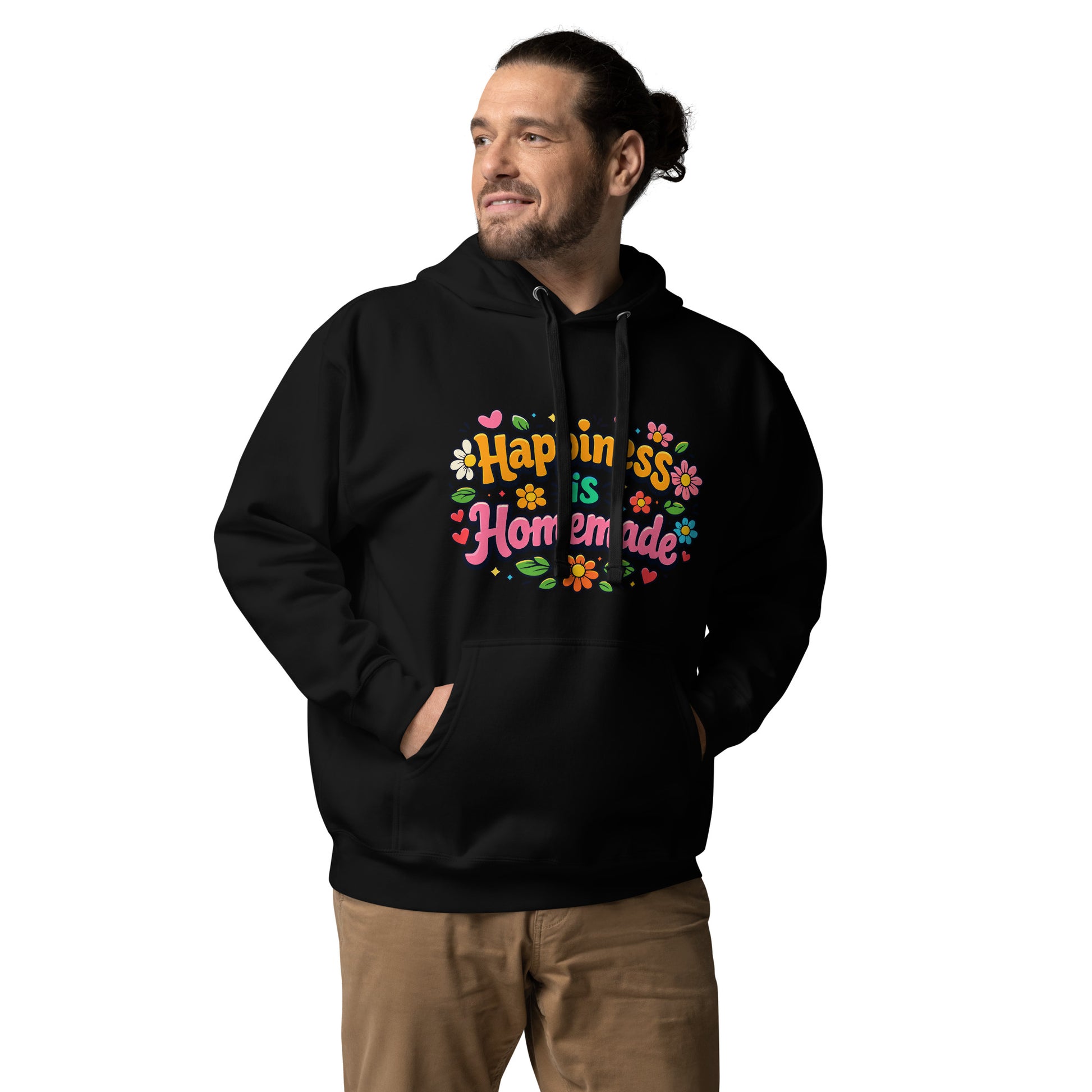 Colorful retro "Happiness is Homemade" text surrounded by groovy 70s-style flowers and hearts