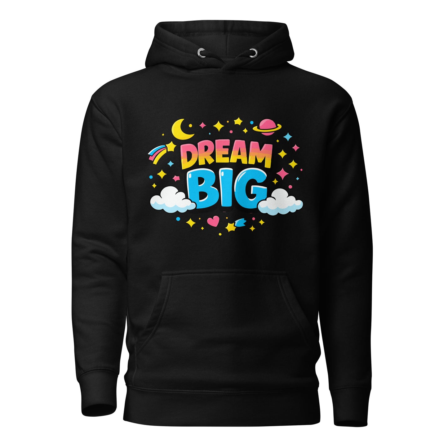 Vibrant Dream Big text in 70s bubble font with pink, yellow, and blue colors, surrounded by stars and a crescent moon.