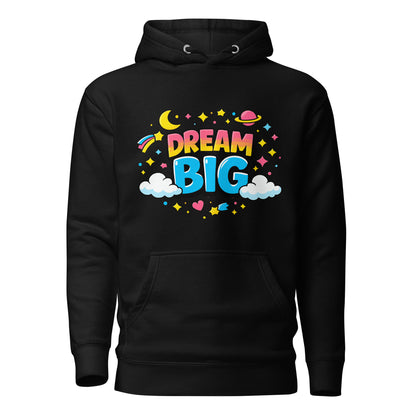 Vibrant Dream Big text in 70s bubble font with pink, yellow, and blue colors, surrounded by stars and a crescent moon.