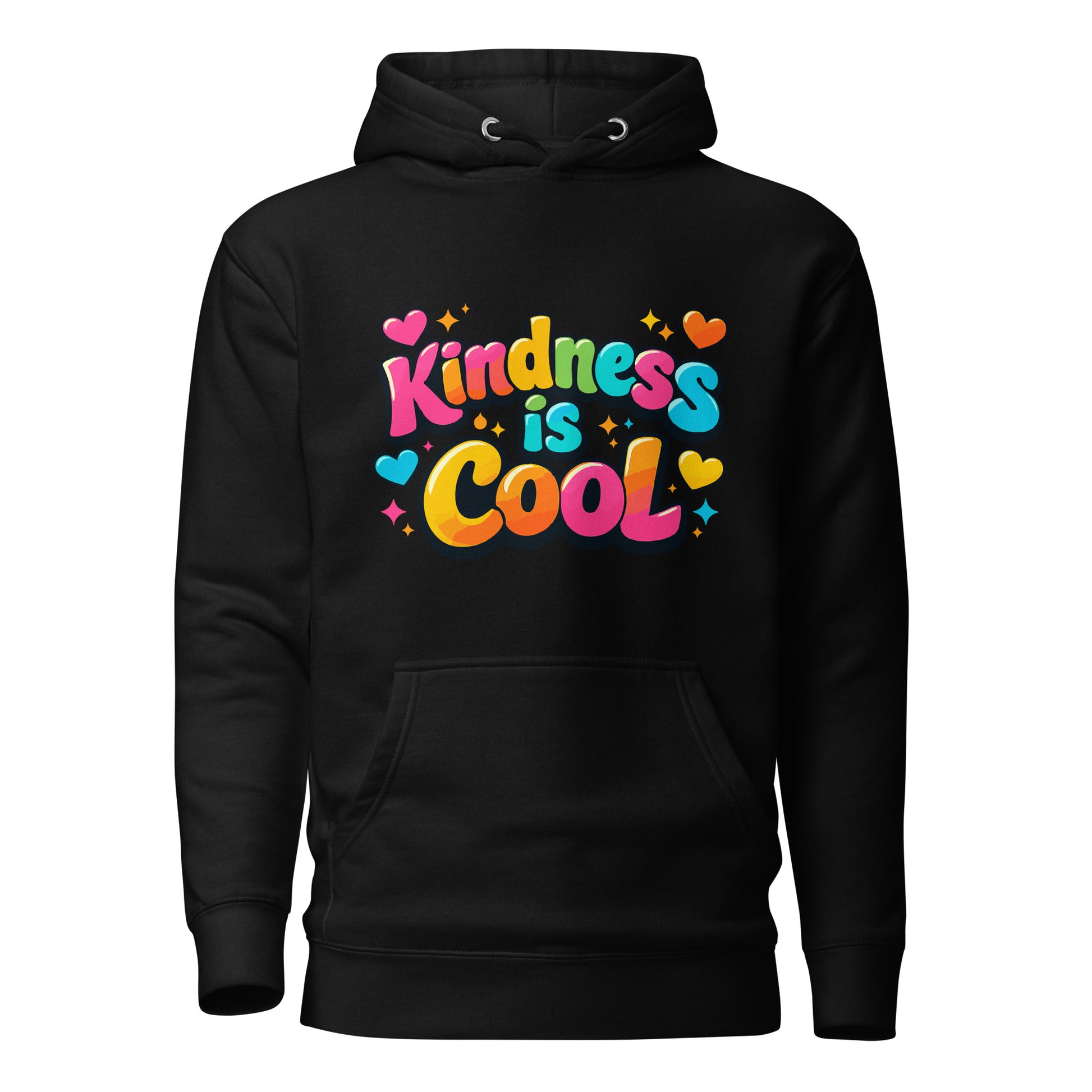 Colorful "Kindness is Cool" design in bubble letters with hearts and stars, printed on a high-quality hoodie.