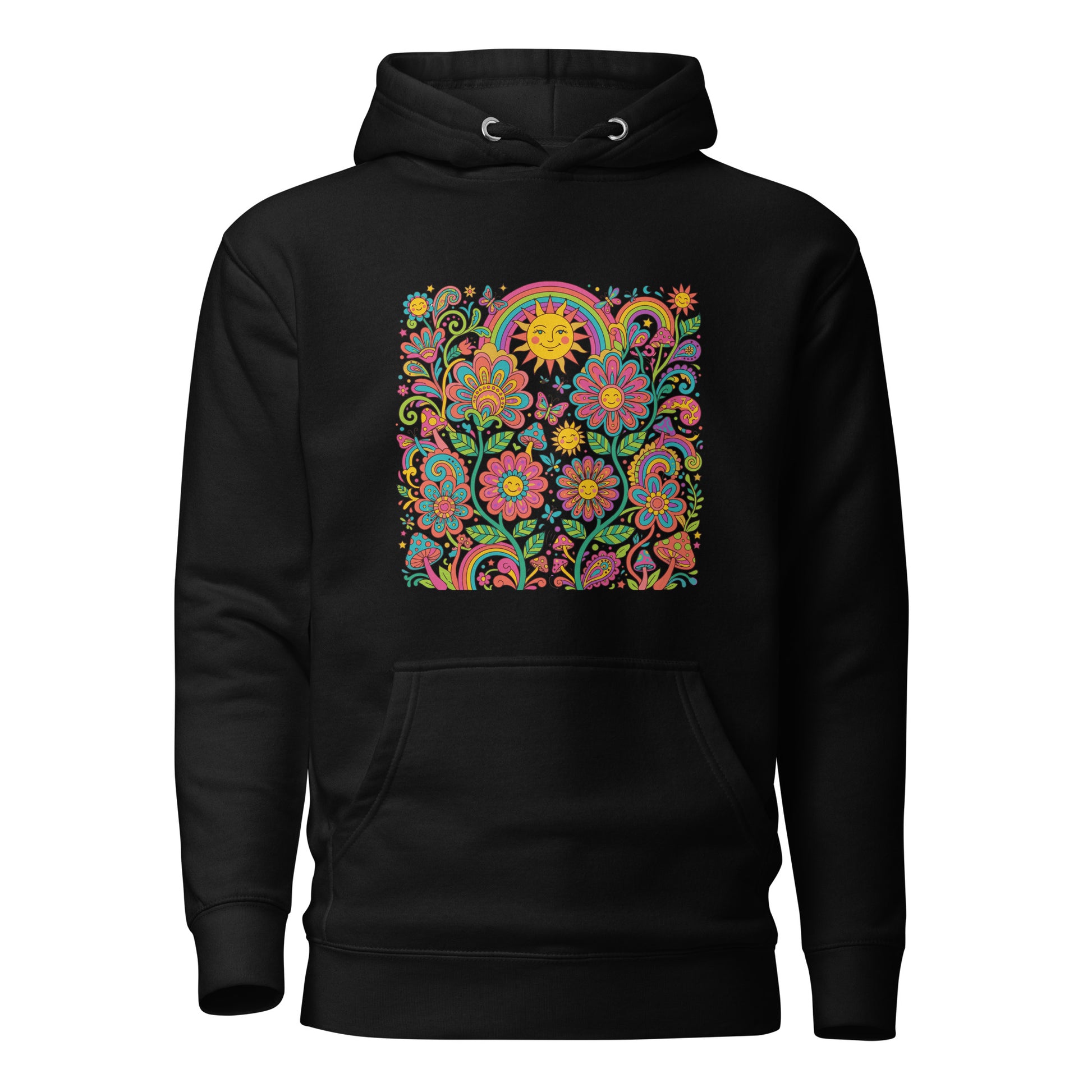 Retro 70s psychedelic style illustration with colorful smiling flowers, a happy sun, vibrant rainbows, and mushrooms.