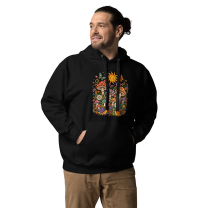 Cozy pullover hoodie featuring colorful 70s retro mushrooms, smiling snails, butterflies, flowers, and a bright sun.