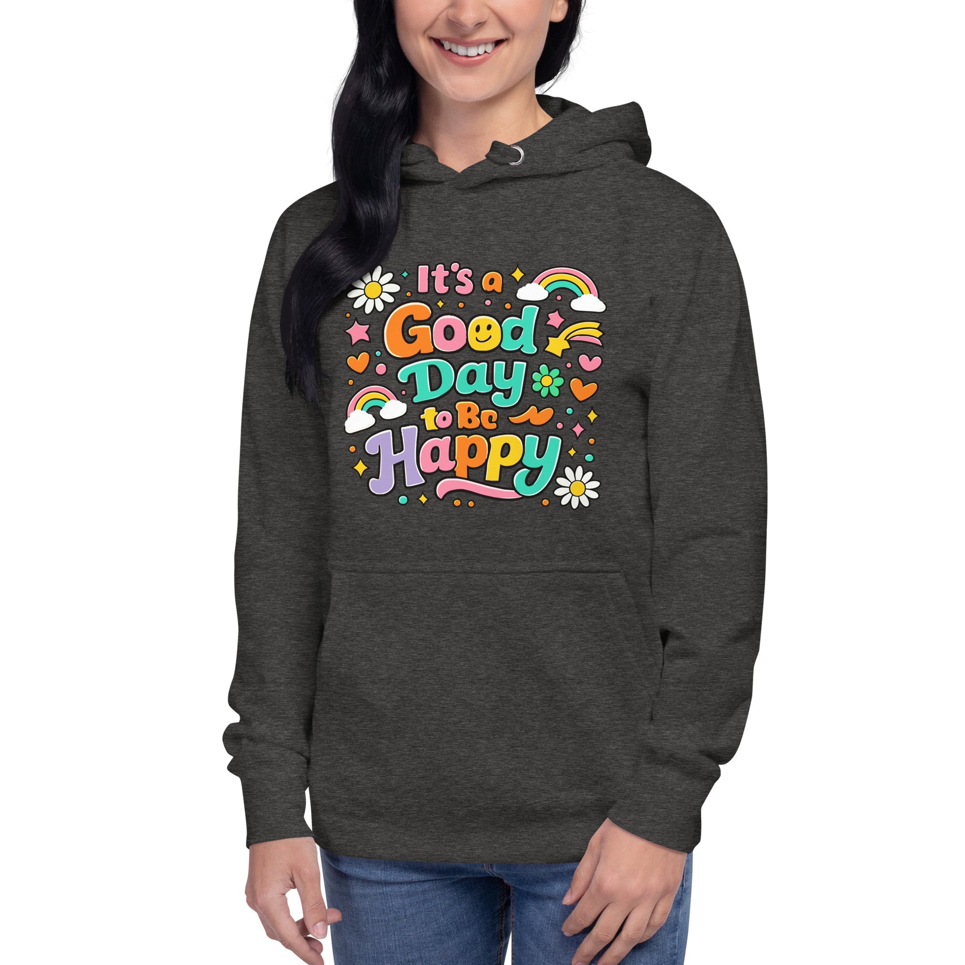 Colorful retro typography reading It’s a Good Day to Be Happy with rainbows and daisies on a black hoodie.