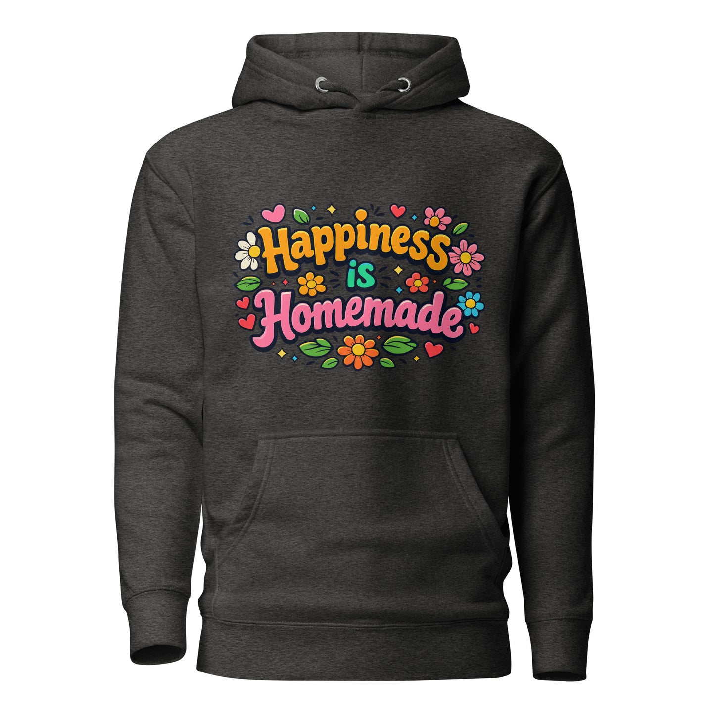 Colorful retro "Happiness is Homemade" text surrounded by groovy 70s-style flowers and hearts