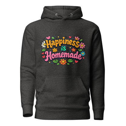 Colorful retro "Happiness is Homemade" text surrounded by groovy 70s-style flowers and hearts
