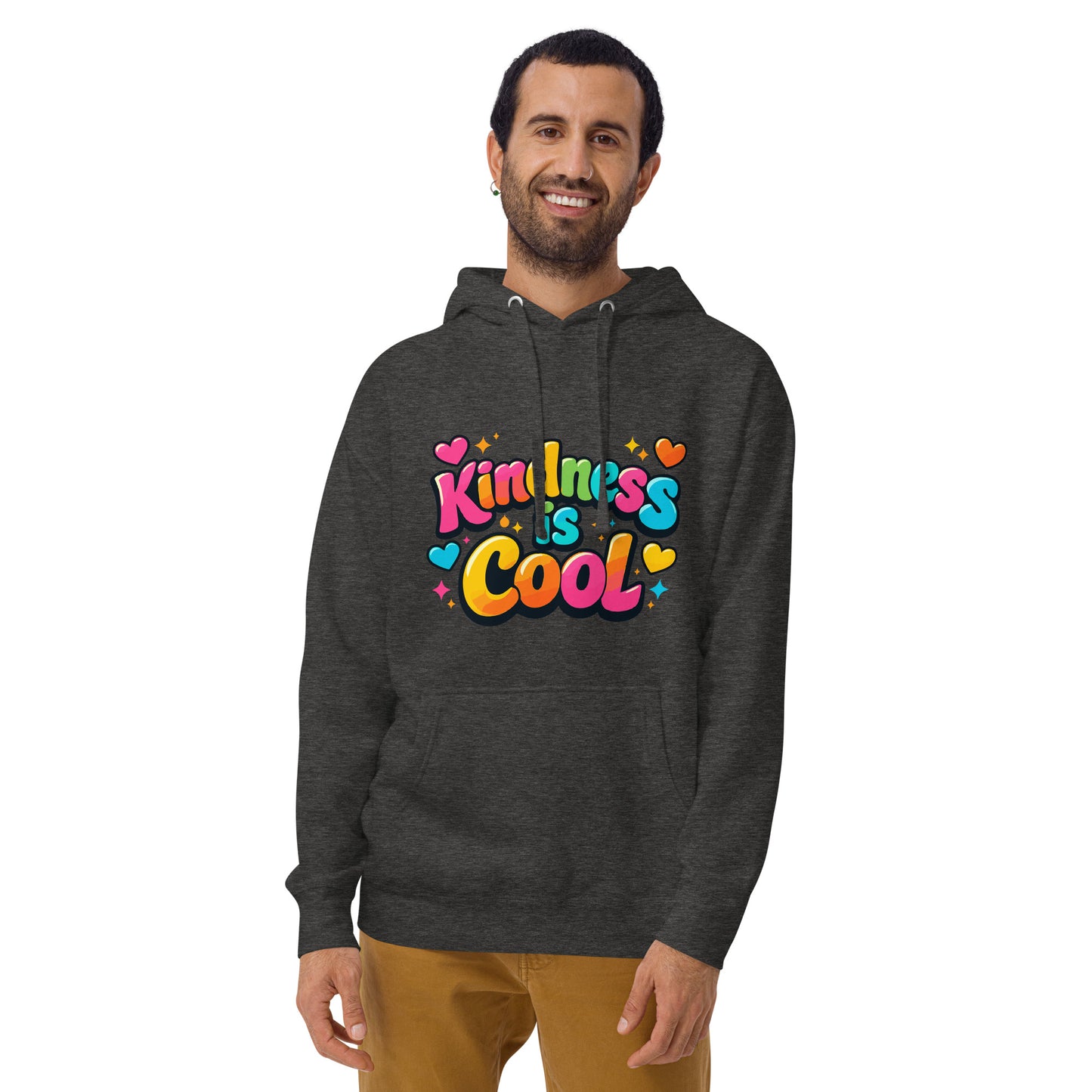 Colorful "Kindness is Cool" design in bubble letters with hearts and stars, printed on a high-quality hoodie.