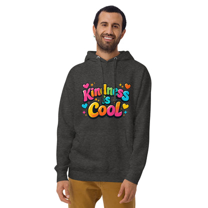 Colorful "Kindness is Cool" design in bubble letters with hearts and stars, printed on a high-quality hoodie.