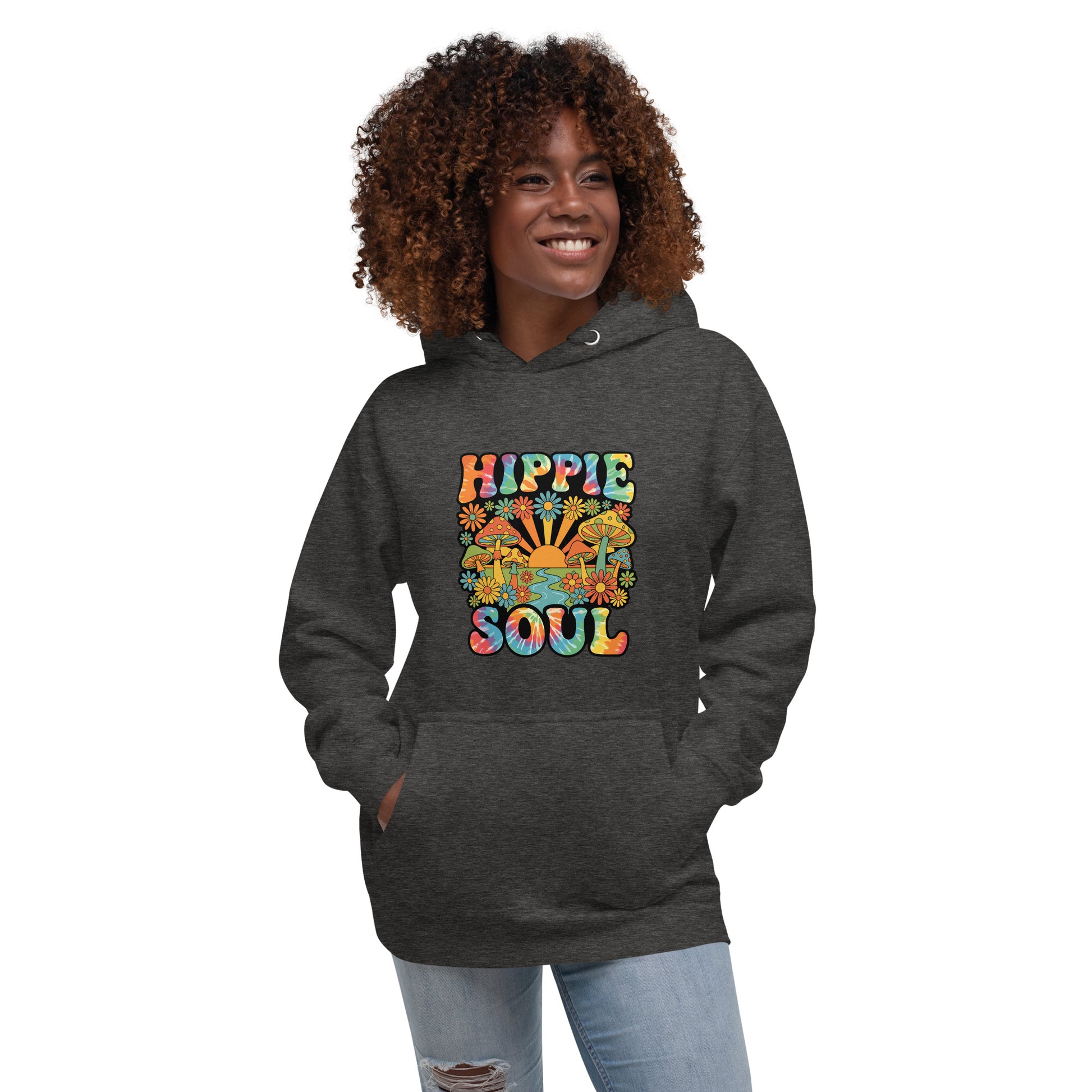 Retro Hippie Soul graphic hoodie featuring tie-dye typography, colorful mushrooms, daisies, and a vibrant sunset.