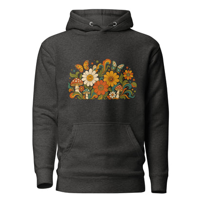 70s retro psychedelic hoodie artwork featuring smiling daisies, butterflies, and colorful mushrooms