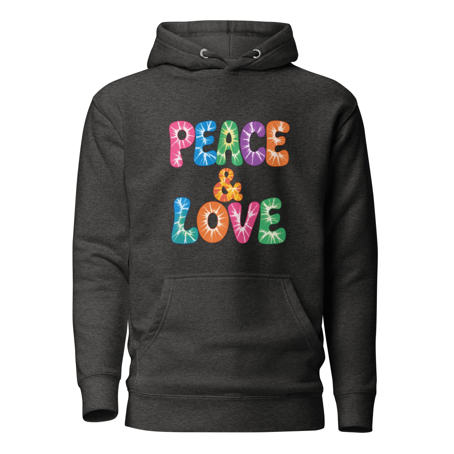Retro tie-dye Peace and Love lettering printed on a black fleece hoodie pullover with vibrant 60s rainbow typography.