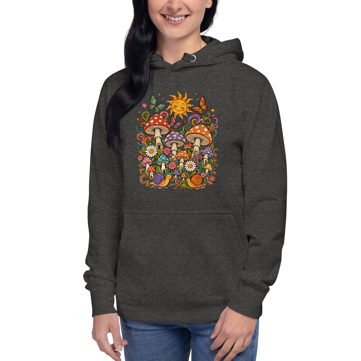 Cozy pullover hoodie featuring colorful 70s retro mushrooms, smiling snails, butterflies, flowers, and a bright sun.