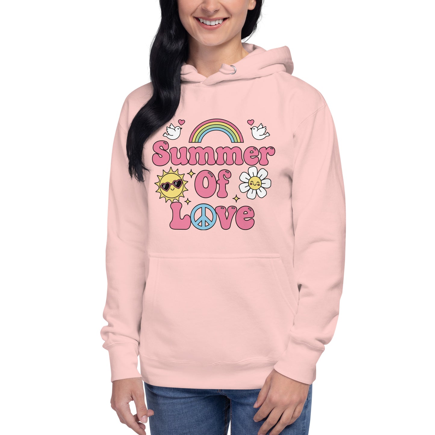 "Summer of Love" retro graphic with pink bubble text, a rainbow, and a smiling sun on a high-quality hooded sweatshirt.