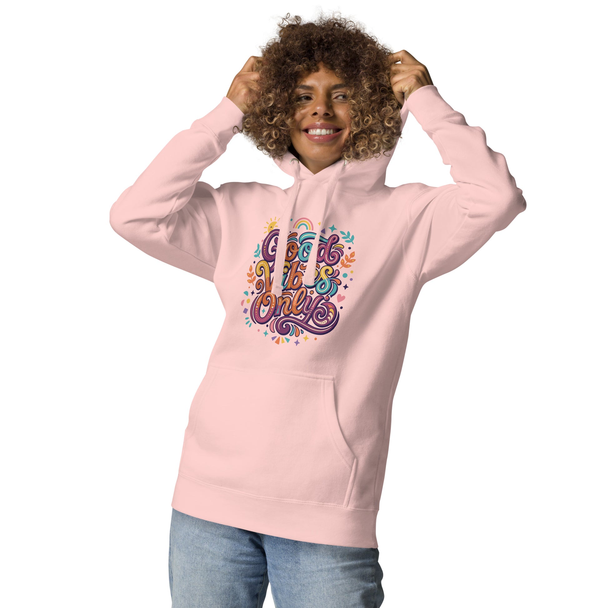 Retro hoodie featuring 'Good Vibes Only' groovy lettering, rainbow, and sun illustrations in a vibrant 70s art style.