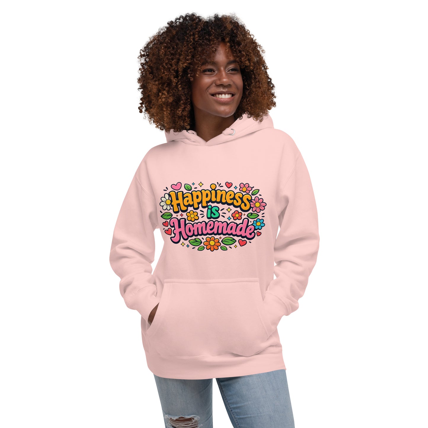Colorful retro "Happiness is Homemade" text surrounded by groovy 70s-style flowers and hearts