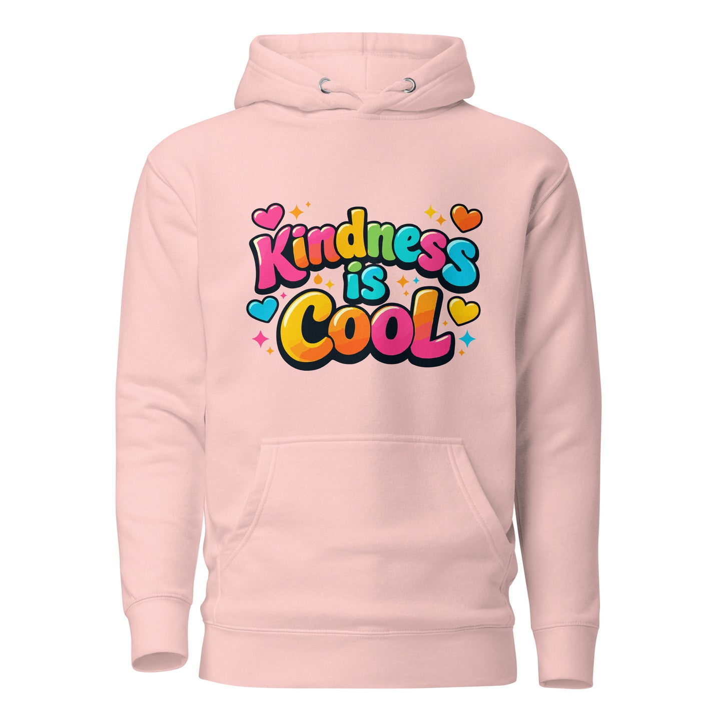 Colorful "Kindness is Cool" design in bubble letters with hearts and stars, printed on a high-quality hoodie.