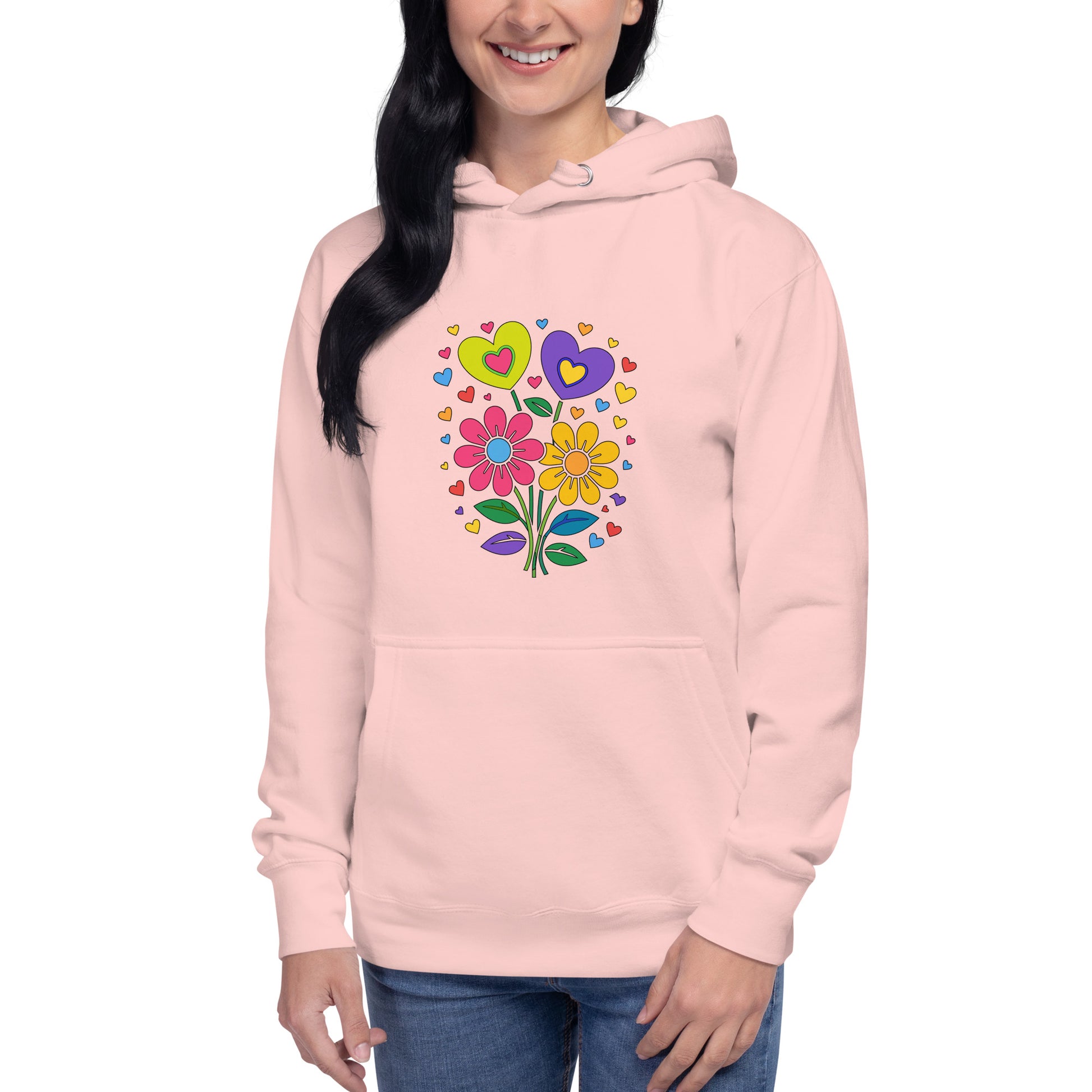 Retro 70s psychedelic flower power bouquet with vibrant pink and yellow daisies and hearts