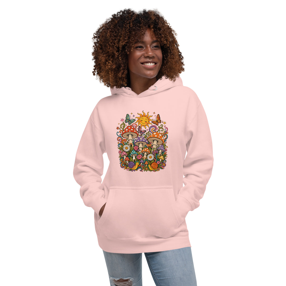 Cozy pullover hoodie featuring colorful 70s retro mushrooms, smiling snails, butterflies, flowers, and a bright sun.