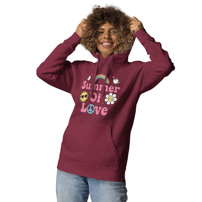 "Summer of Love" retro graphic with pink bubble text, a rainbow, and a smiling sun on a high-quality hooded sweatshirt.