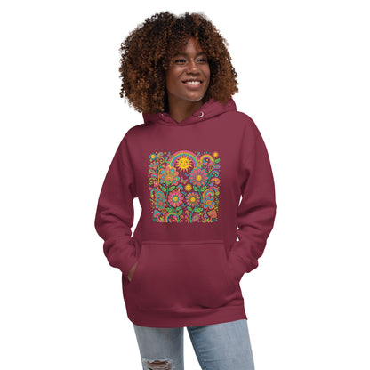 Retro 70s psychedelic style illustration with colorful smiling flowers, a happy sun, vibrant rainbows, and mushrooms.