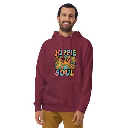 Retro Hippie Soul graphic hoodie featuring tie-dye typography, colorful mushrooms, daisies, and a vibrant sunset.