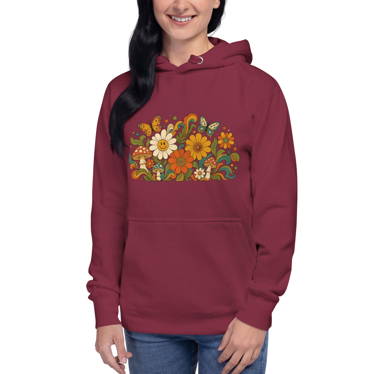 70s retro psychedelic hoodie artwork featuring smiling daisies, butterflies, and colorful mushrooms