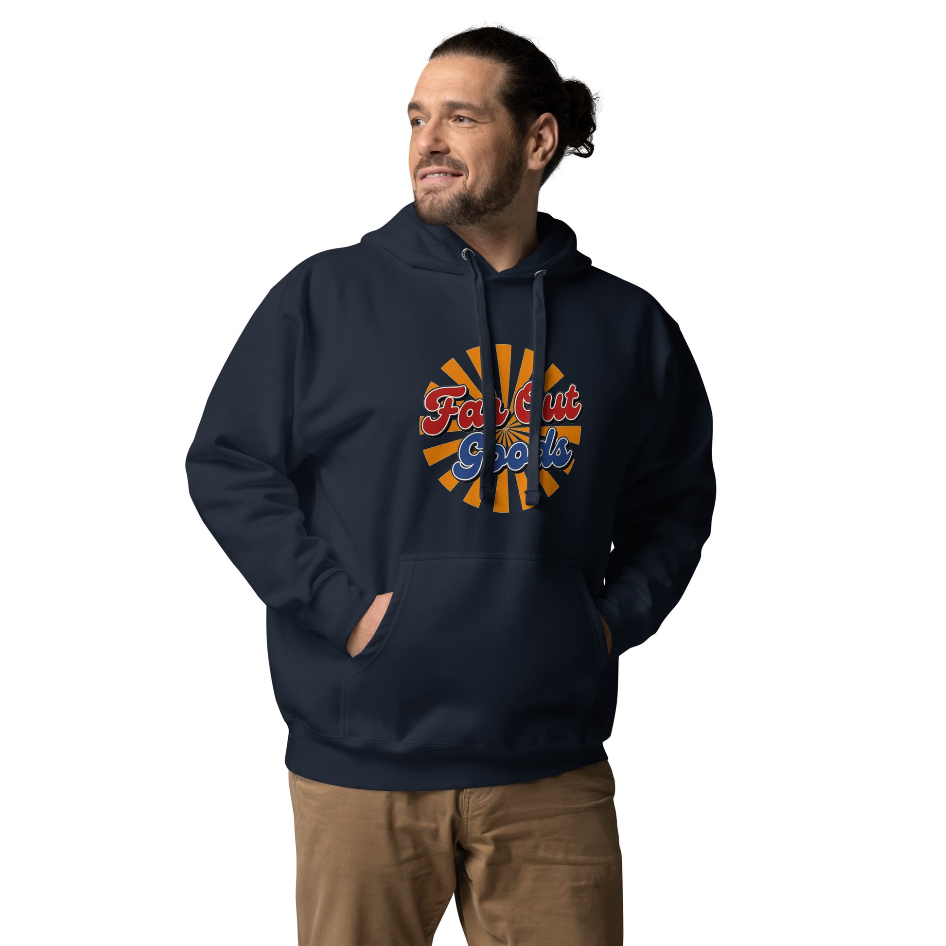 Retro Far Out Goods logo in red and blue script over an orange and yellow sunburst background for a 70s vintage hoodie.