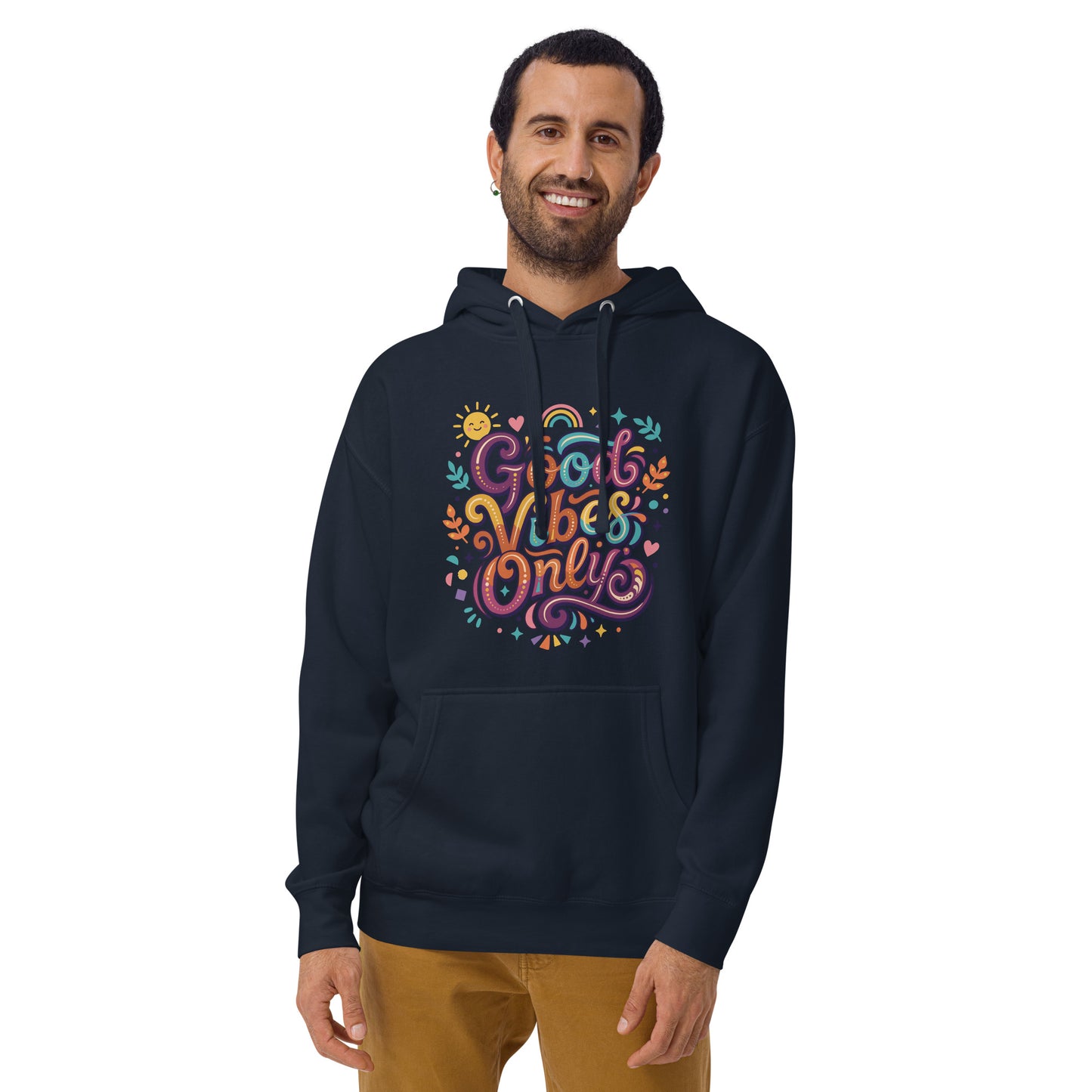 Retro hoodie featuring 'Good Vibes Only' groovy lettering, rainbow, and sun illustrations in a vibrant 70s art style.