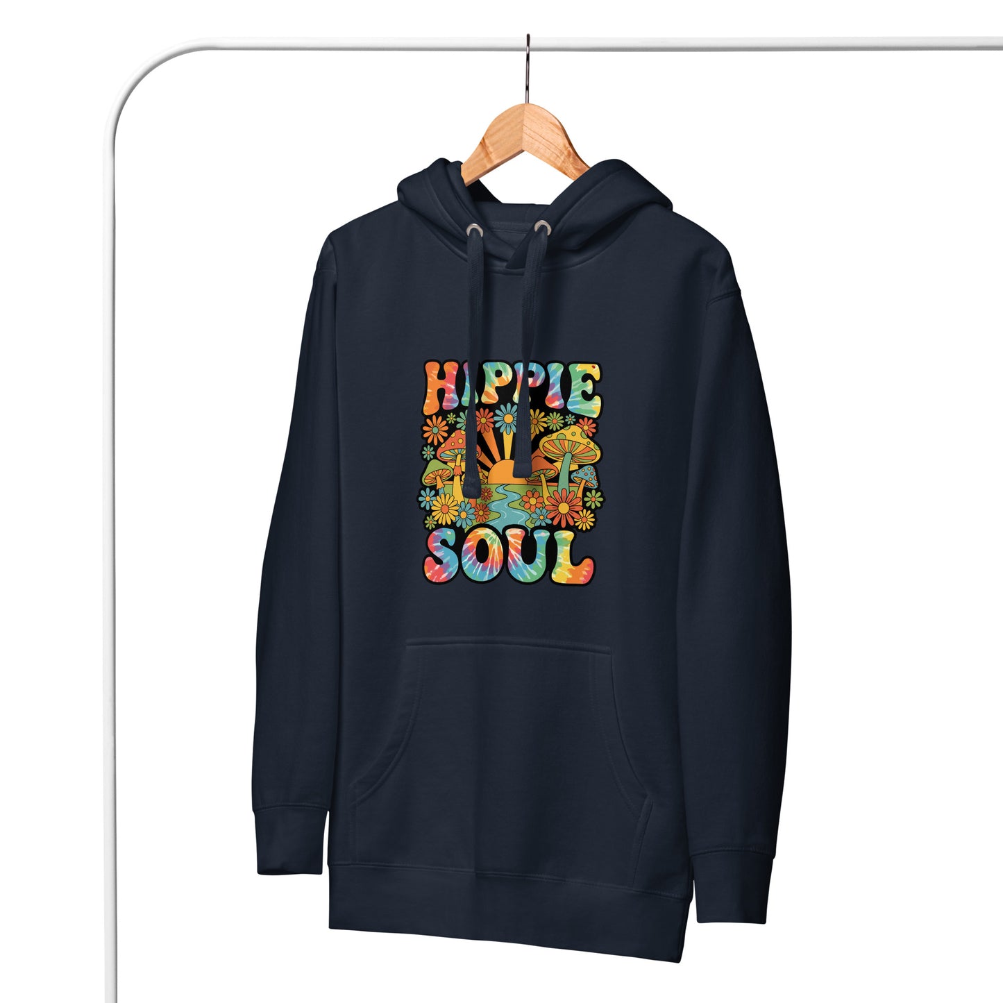 Retro Hippie Soul graphic hoodie featuring tie-dye typography, colorful mushrooms, daisies, and a vibrant sunset.