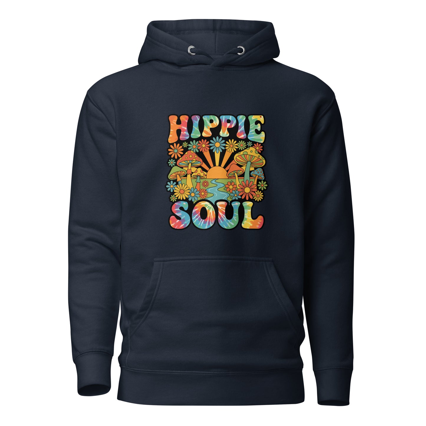 Retro Hippie Soul graphic hoodie featuring tie-dye typography, colorful mushrooms, daisies, and a vibrant sunset.