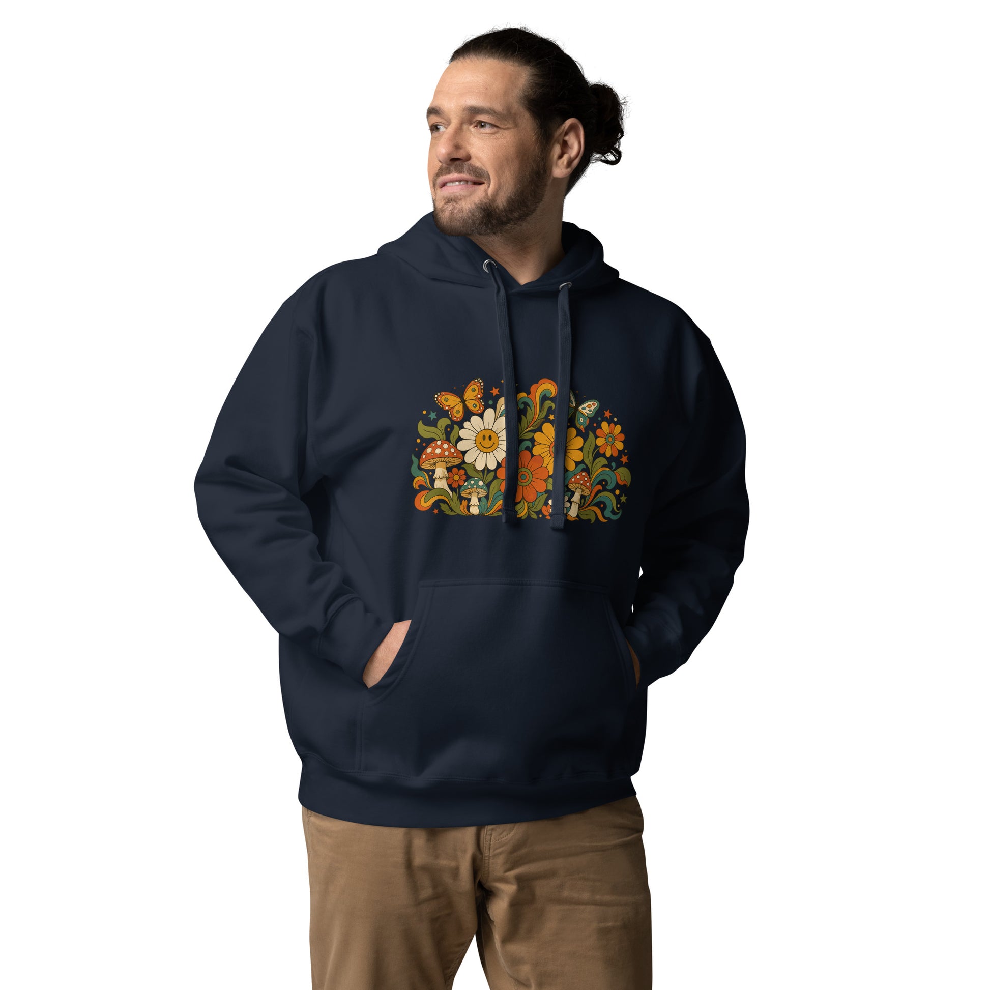 70s retro psychedelic hoodie artwork featuring smiling daisies, butterflies, and colorful mushrooms