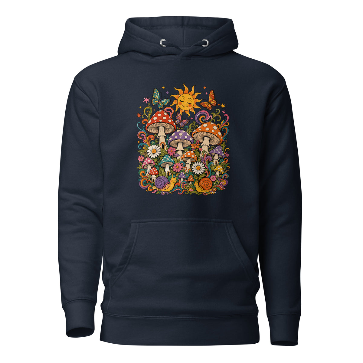 Cozy pullover hoodie featuring colorful 70s retro mushrooms, smiling snails, butterflies, flowers, and a bright sun.