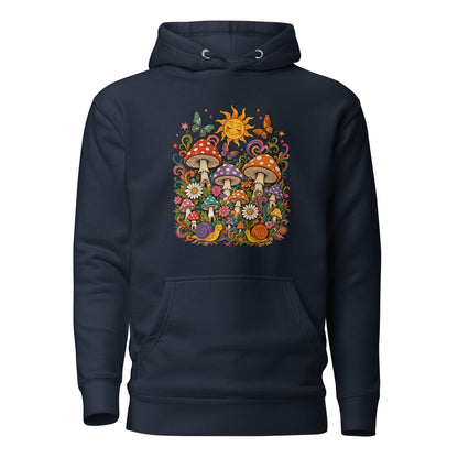 Cozy pullover hoodie featuring colorful 70s retro mushrooms, smiling snails, butterflies, flowers, and a bright sun.