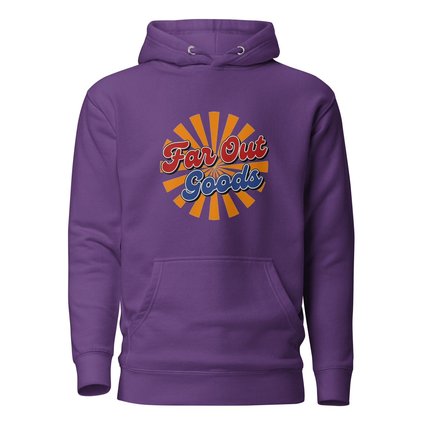 Retro Far Out Goods logo in red and blue script over an orange and yellow sunburst background for a 70s vintage hoodie.