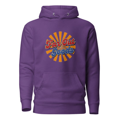 Retro Far Out Goods logo in red and blue script over an orange and yellow sunburst background for a 70s vintage hoodie.