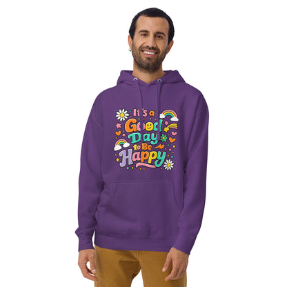 Colorful retro typography reading It’s a Good Day to Be Happy with rainbows and daisies on a black hoodie.