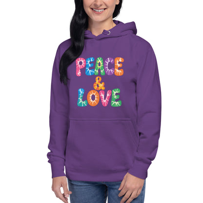 Retro tie-dye Peace and Love lettering printed on a black fleece hoodie pullover with vibrant 60s rainbow typography.
