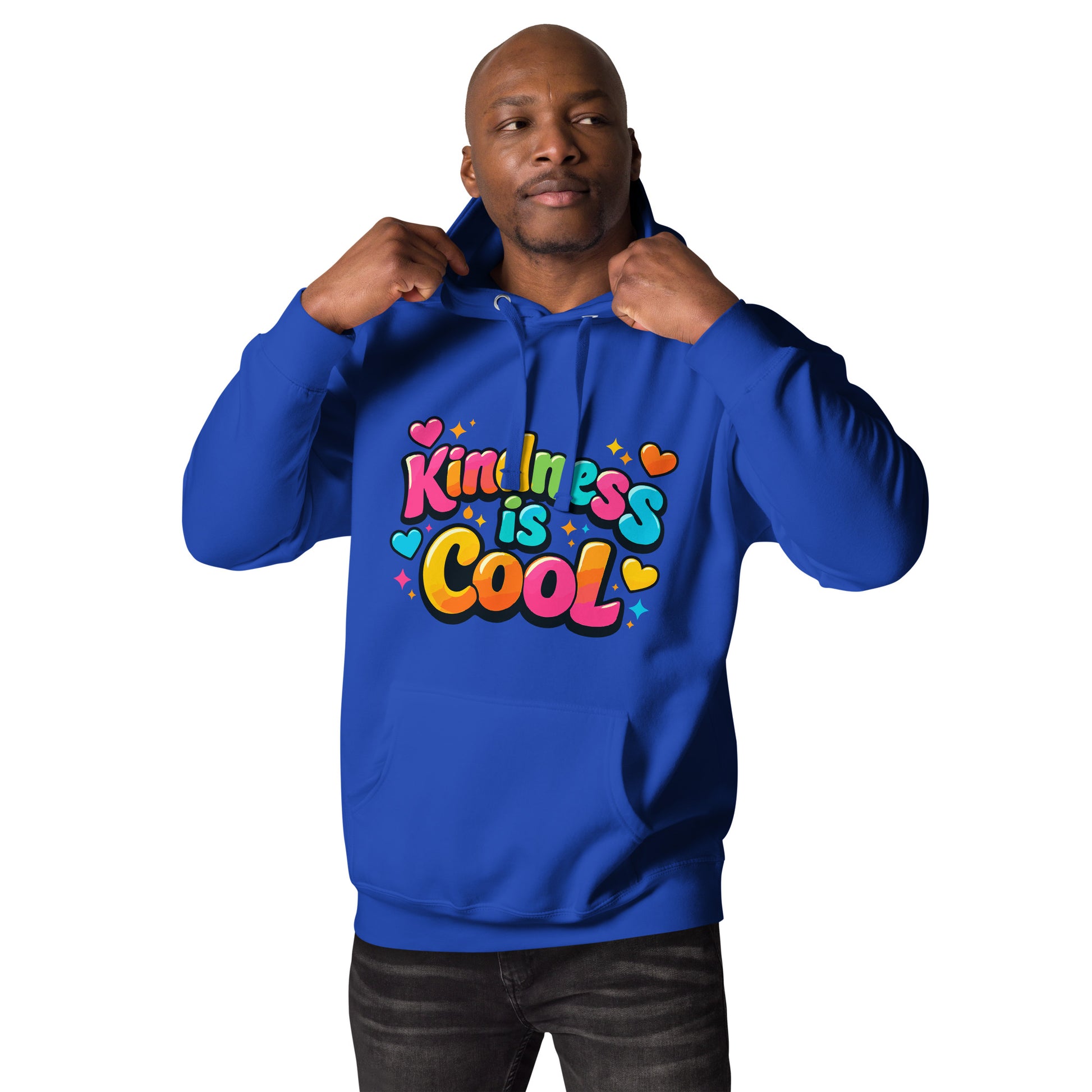 Colorful "Kindness is Cool" design in bubble letters with hearts and stars, printed on a high-quality hoodie.