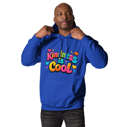 Colorful "Kindness is Cool" design in bubble letters with hearts and stars, printed on a high-quality hoodie.