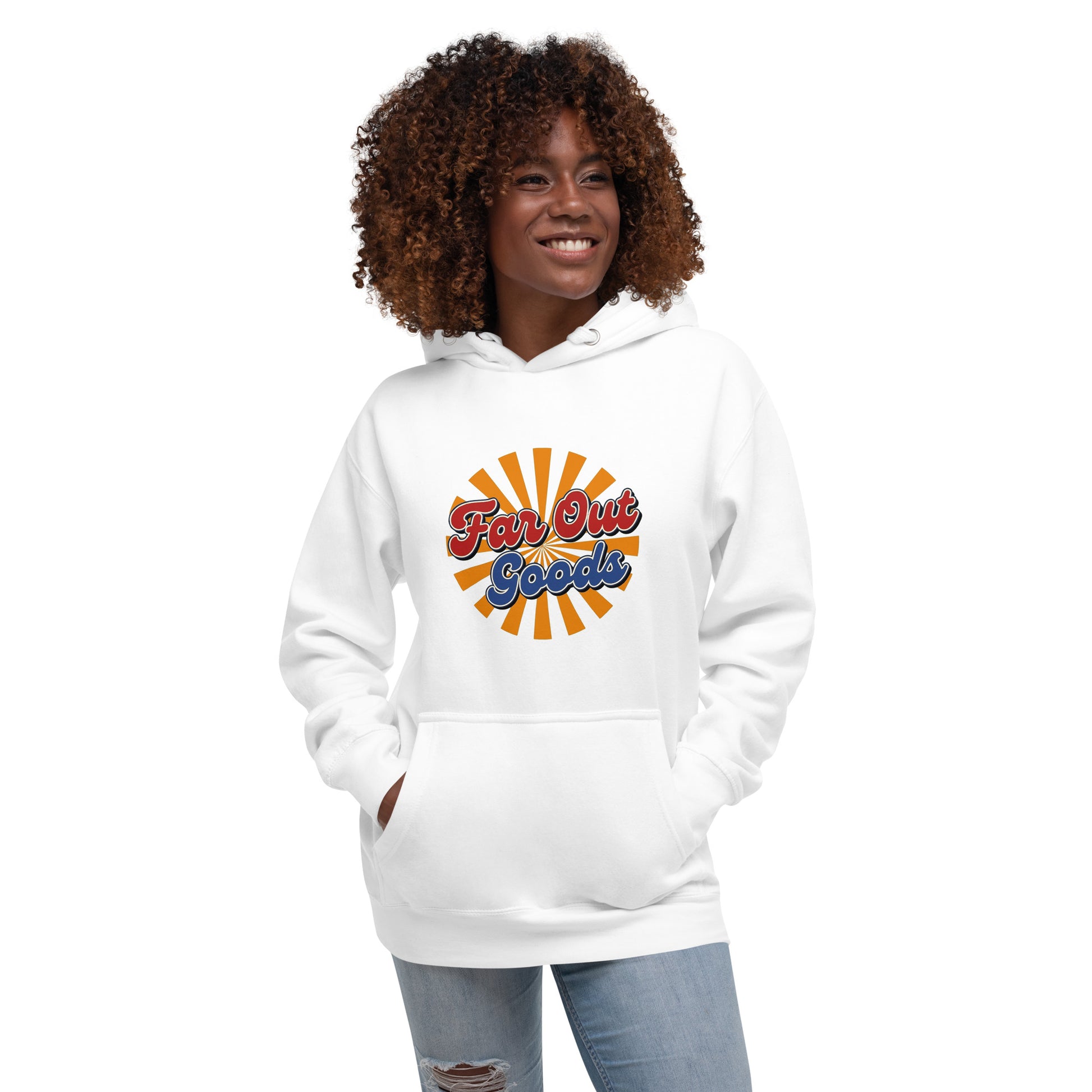 Retro Far Out Goods logo in red and blue script over an orange and yellow sunburst background for a 70s vintage hoodie.