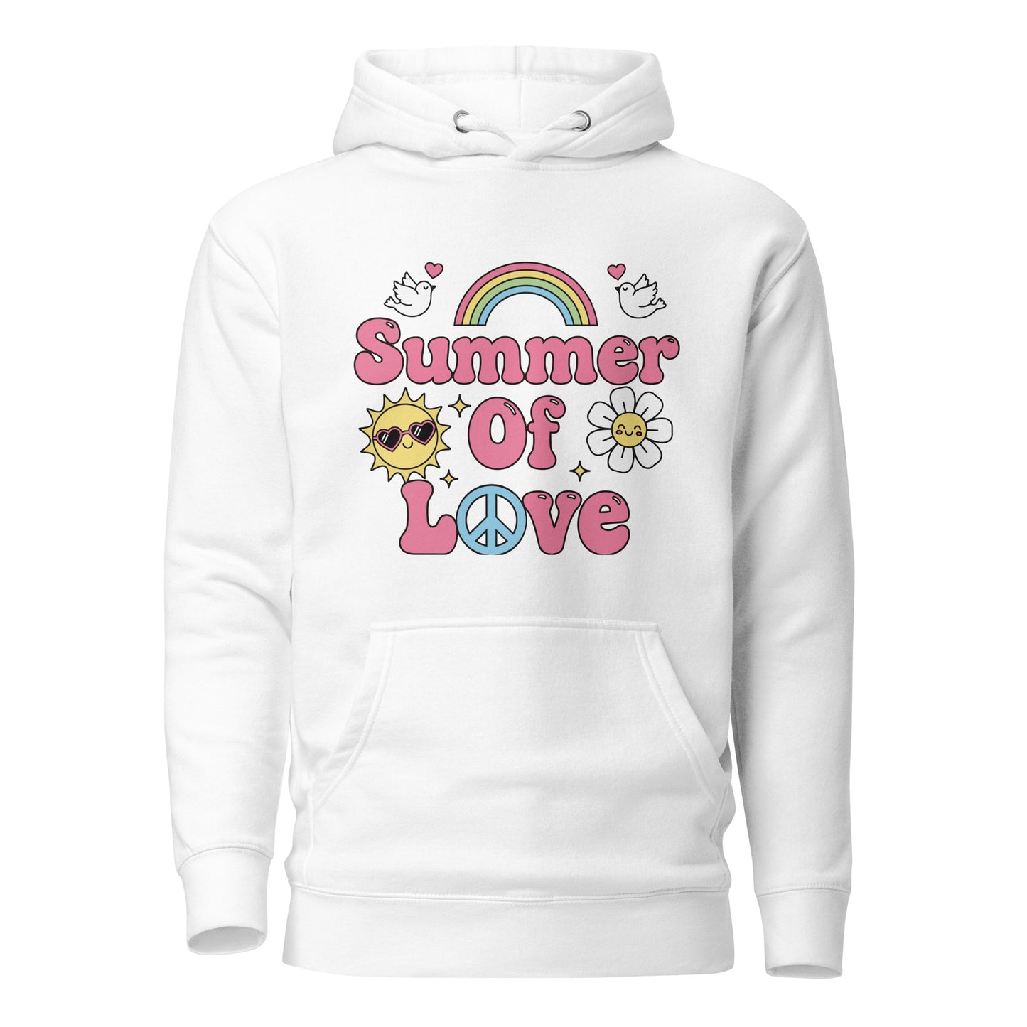 "Summer of Love" retro graphic with pink bubble text, a rainbow, and a smiling sun on a high-quality hooded sweatshirt.