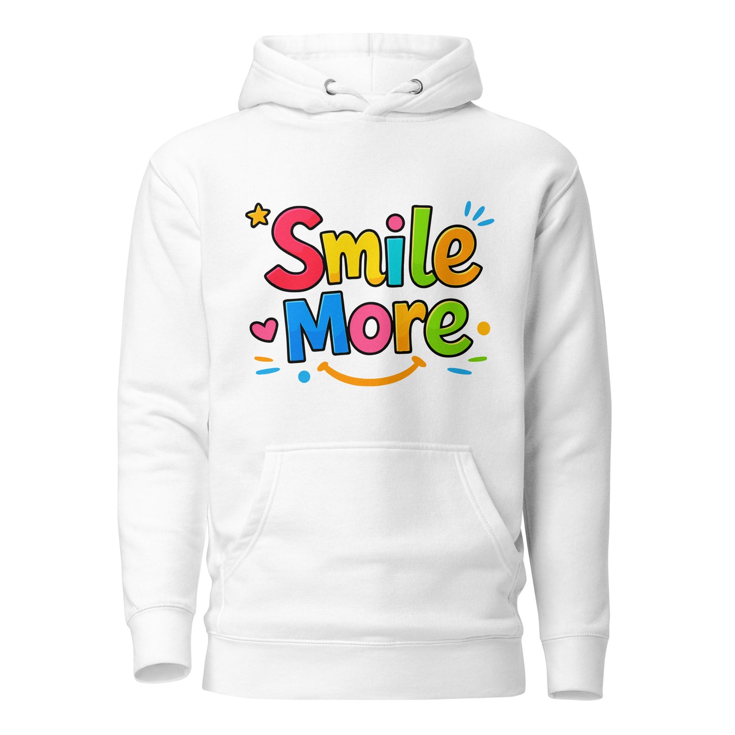 Smile More, bubbly lettering with a yellow sun-smile and pink heart on a black cozy hoodie.