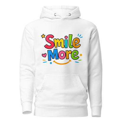 Smile More, bubbly lettering with a yellow sun-smile and pink heart on a black cozy hoodie.